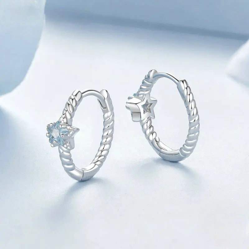 Orecchini a cerchio Star Huggie in argento Sterling 925 con pietra azzurra