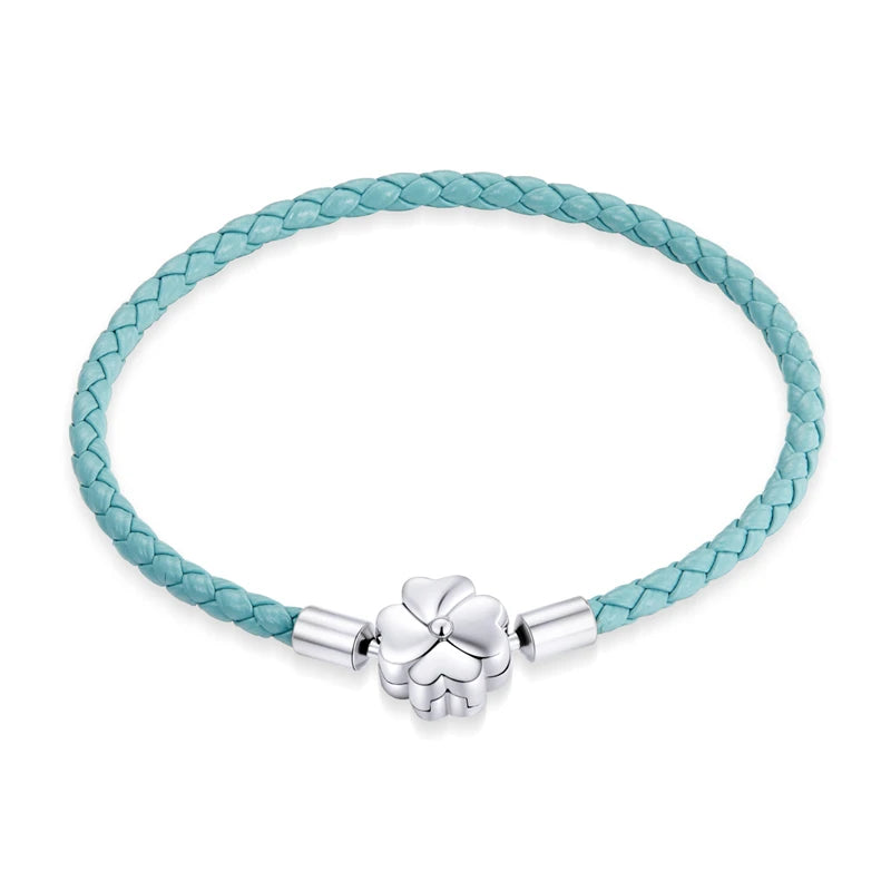 Glücksklee-Armband aus blauem Leder mit Verschluss aus 925er Sterlingsilber