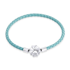 Glücksklee-Armband aus blauem Leder mit Verschluss aus 925er Sterlingsilber