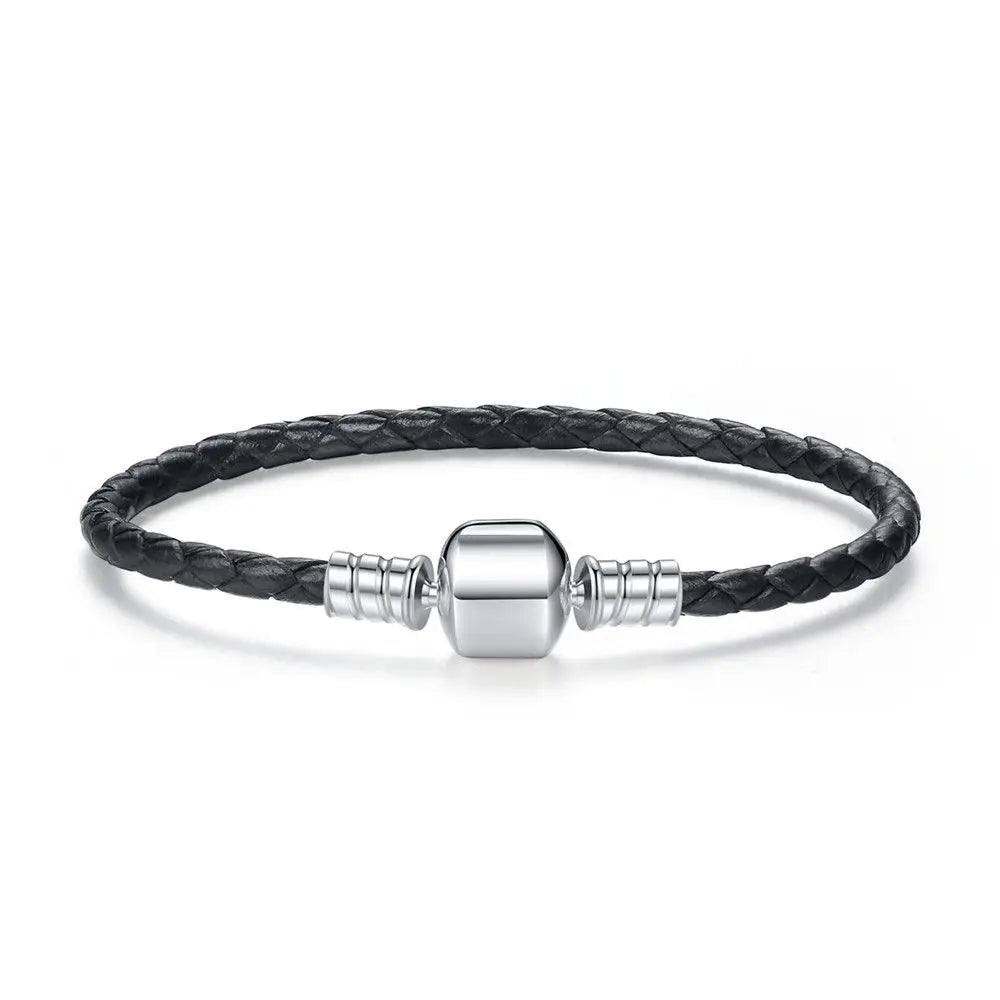 Bracciale classico in pelle nera con chiusura in argento 925