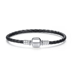 Bracciale classico in pelle nera con chiusura in argento 925
