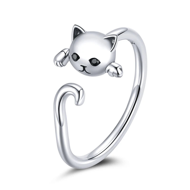 Anello a forma di gatto coccoloso in argento sterling 925