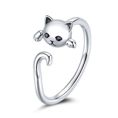 Anello a forma di gatto coccoloso in argento sterling 925