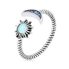 Anello Sole e Luna in argento Sterling 925 con opale e cristalli blu