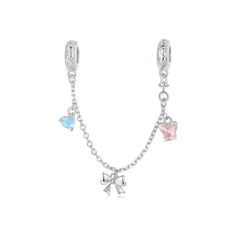 Safety Chain in 925 Silver – Heart, Butterfly & Bow