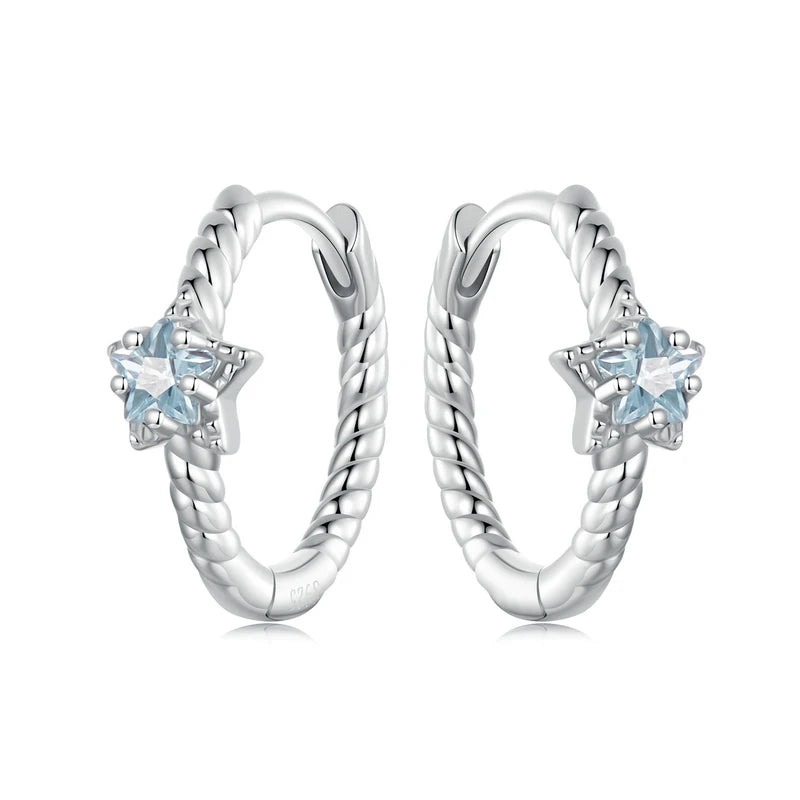 Orecchini a cerchio Star Huggie in argento Sterling 925 con pietra azzurra