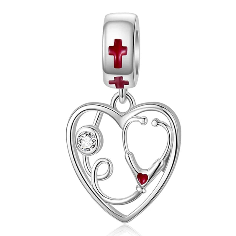 Herz &amp; Stethoskop Krankenschwester Anhänger - Mein Leben Charm in 925 Sterling Silber 